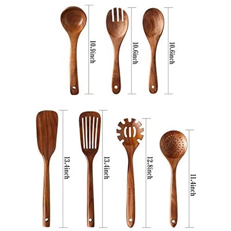 Natural Teak Wood Kitchen Tool Set: Spoon, Ladle, Turner, Rice Colander, and Soup Skimmer - KitchenKlout