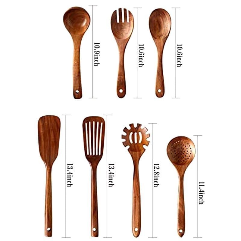Natural Teak Wood Kitchen Tool Set: Spoon, Ladle, Turner, Rice Colander, and Soup Skimmer - KitchenKlout