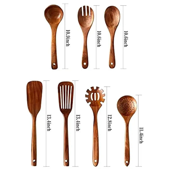 Natural Teak Wood Kitchen Tool Set: Spoon, Ladle, Turner, Rice Colander, and Soup Skimmer - KitchenKlout
