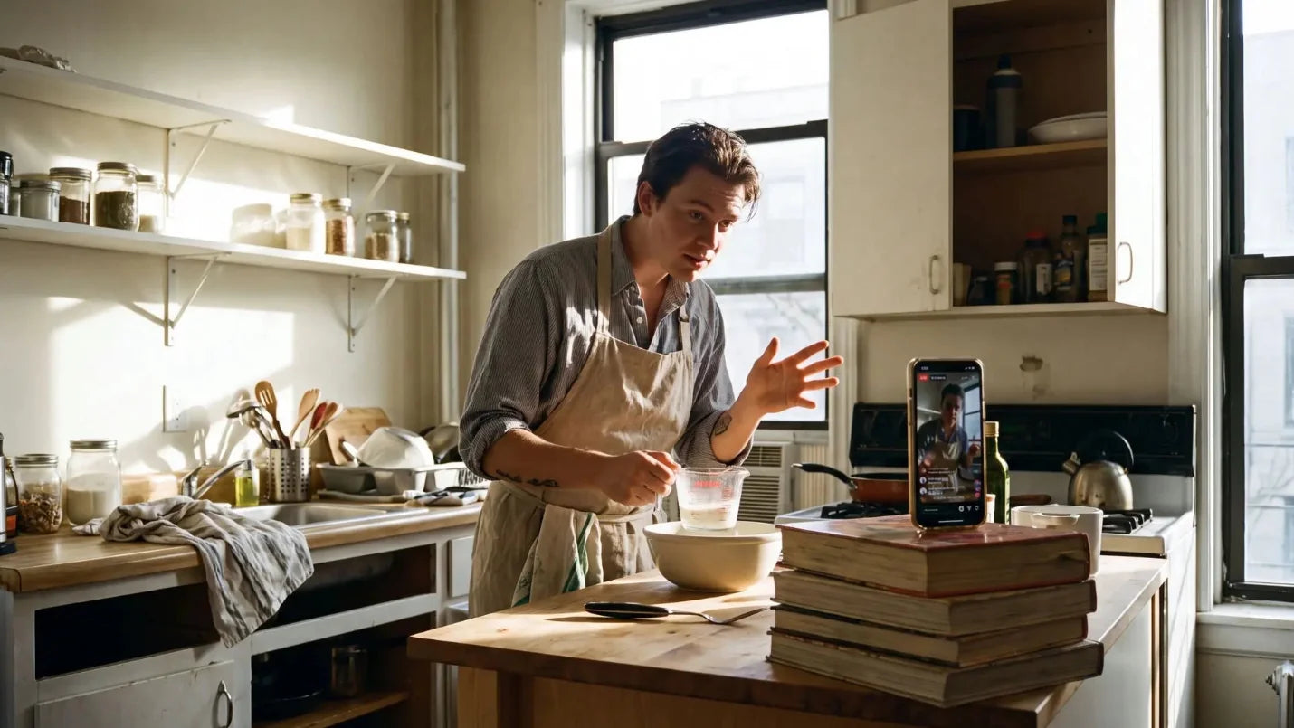 A man in a kitchen wearing an apron, standing at a wooden island with a bowl and mixing utensils, with a smartphone displaying a recipe or video on top of a stack of books.