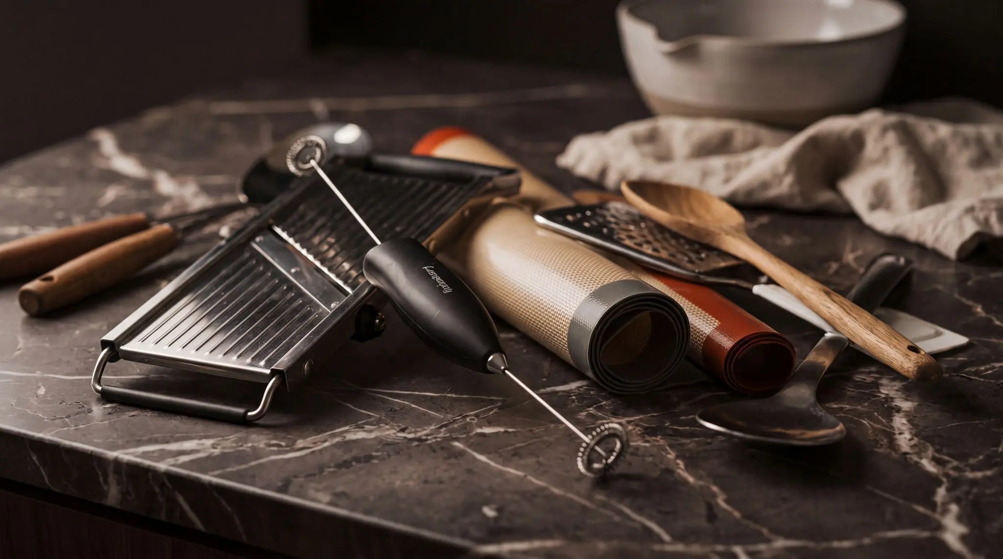 A collection of kitchen tools including a manual grater, a handheld electric mixer whip, a rolling pin, and wooden utensils, arranged on a dark marble countertop.