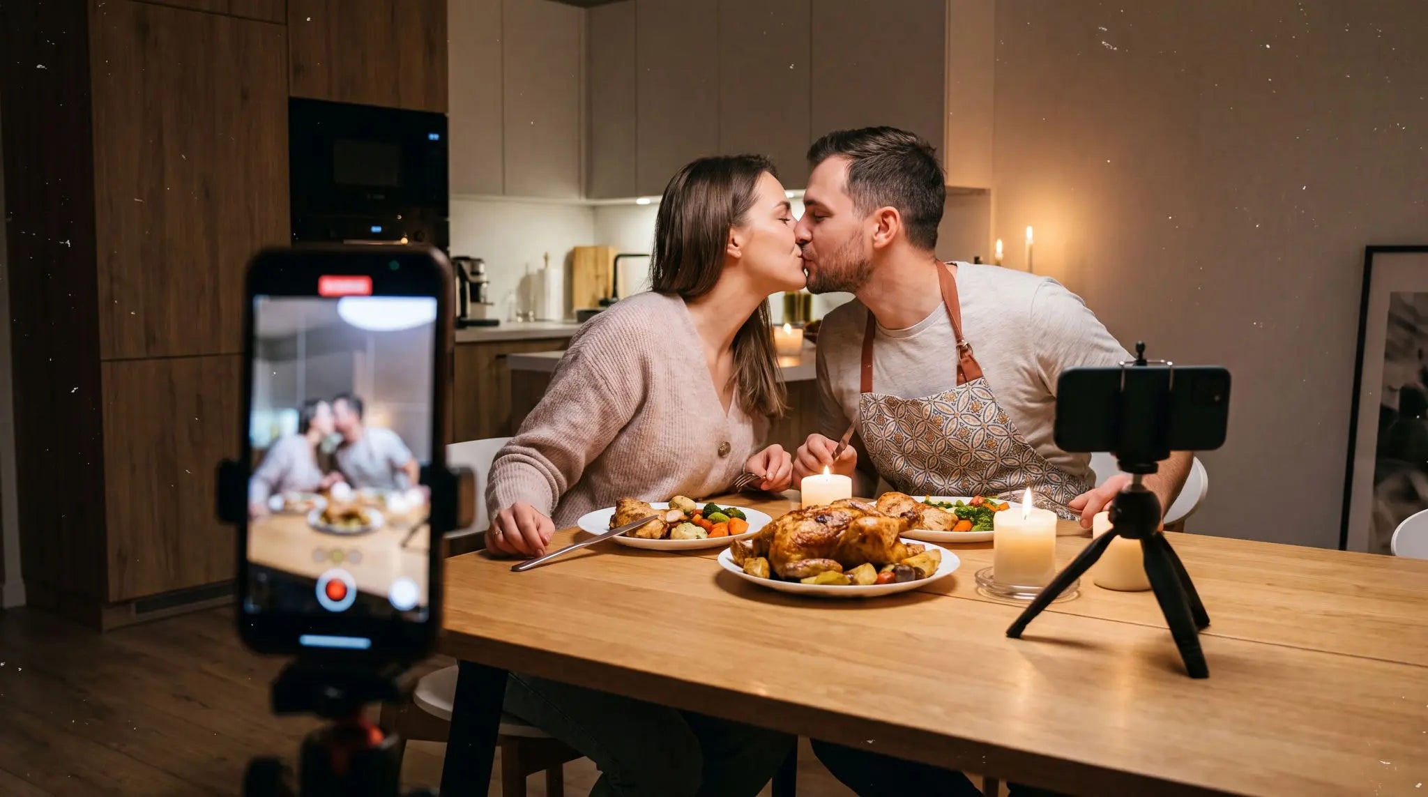 A couple shares a tender moment, kissing while sitting at a wooden dining table with plates of food and candles. In the foreground, a smartphone on a tripod records the scene, and another phone on a small tripod is set up to capture the moment.
