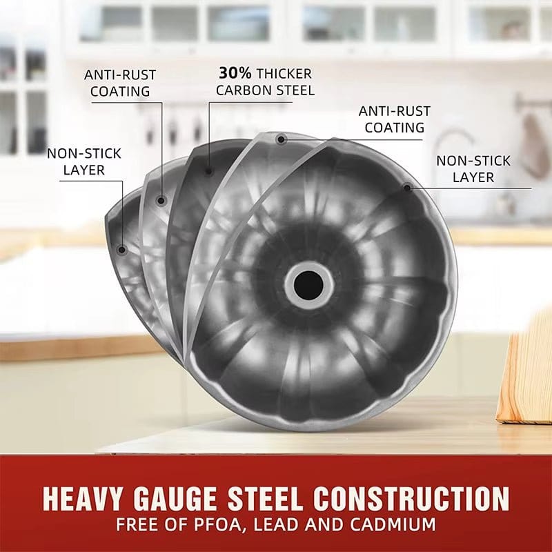 Premium Fluted Tube Cake Pans - Heavy Duty Carbon Steel Baking Mold for Buntelet, Bavarois, and Brownies - Model JT140 - KitchenKlout