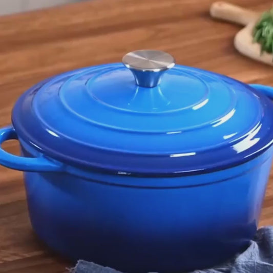 Blue ceramic cookware demo