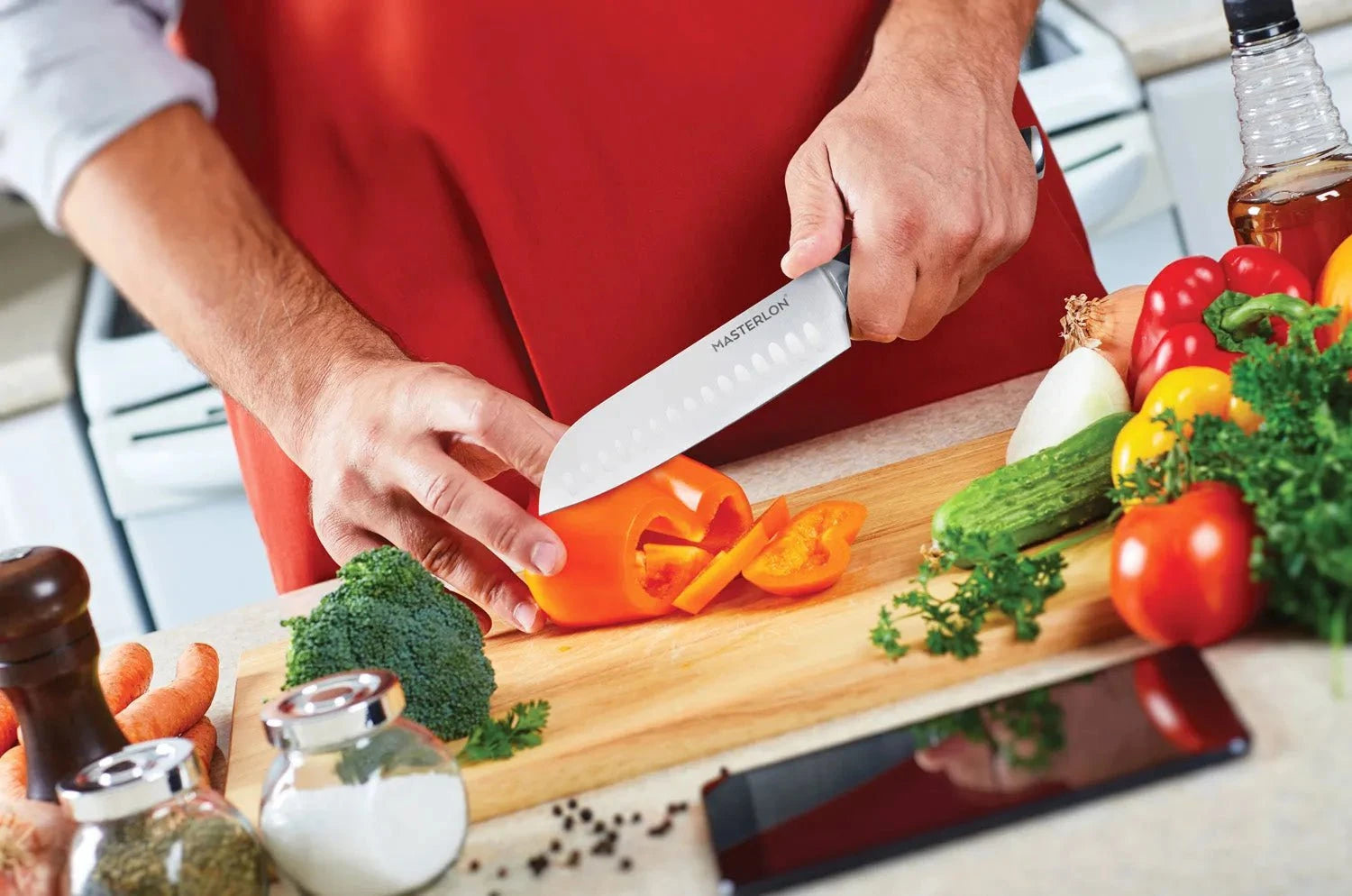 Santoku Knife by MASTERPAN - Stainless Steel with Cover | KitchenKlout Knives & Knife Sets
