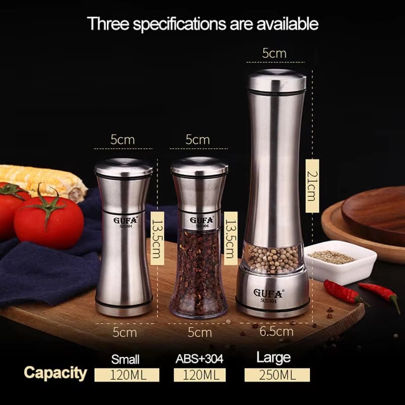 Stainless Steel Salt and Pepper Mill Set - Professional Food Grinder and Spice Container for Kitchen Use - KitchenKlout