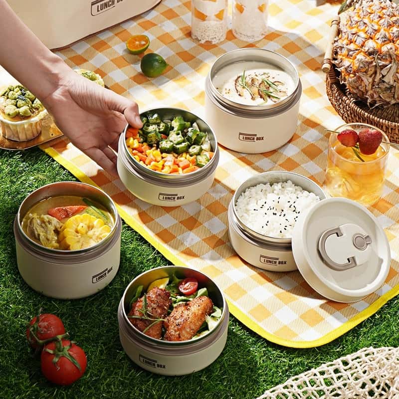 Thermal Bento Box, Insulated Lunch Container Box 304 Stainless Steel Sealed Multifunction Portable Round with Thermal Bag - KitchenKlout