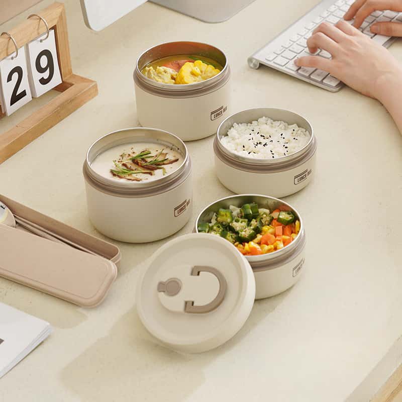 Thermal Bento Box, Insulated Lunch Container Box 304 Stainless Steel Sealed Multifunction Portable Round with Thermal Bag - KitchenKlout