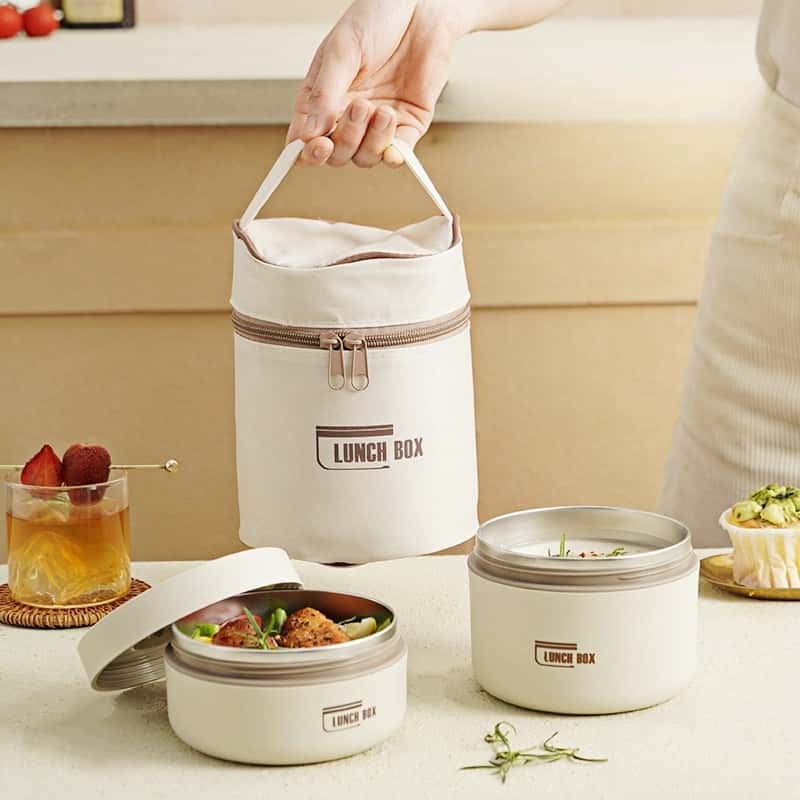 Thermal Bento Box, Insulated Lunch Container Box 304 Stainless Steel Sealed Multifunction Portable Round with Thermal Bag - KitchenKlout