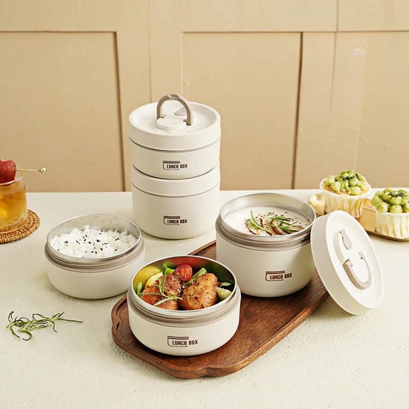 Thermal Bento Box, Insulated Lunch Container Box 304 Stainless Steel Sealed Multifunction Portable Round with Thermal Bag - KitchenKlout