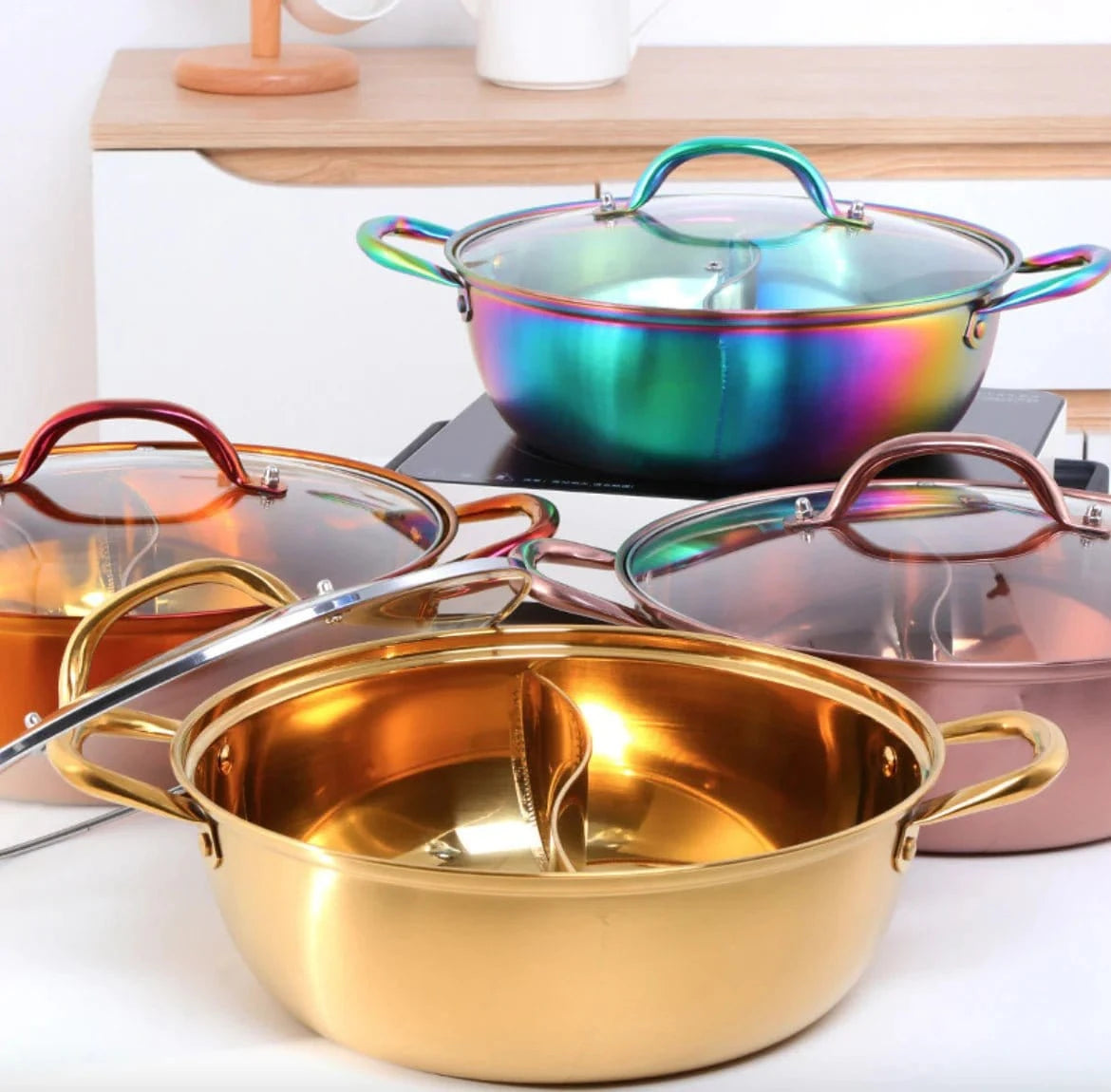 Titanium Plated Stainless Steel Dual Section Hot Pot - KitchenKlout