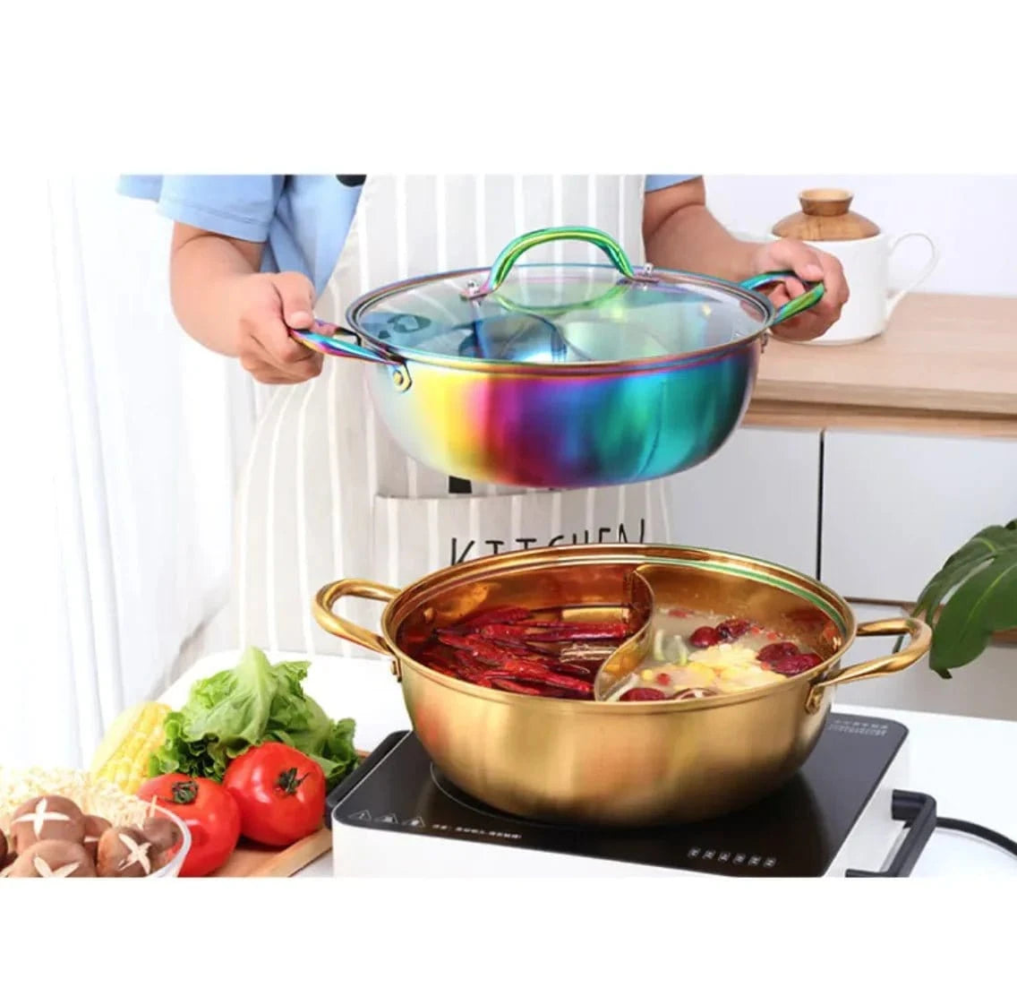 Titanium Plated Stainless Steel Dual Section Hot Pot - KitchenKlout